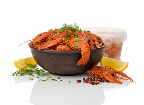 Écrevisses en saumure dans un bol avec herbes, citron et poivre, prêtes à servir pour apéritif ou plat gourmet