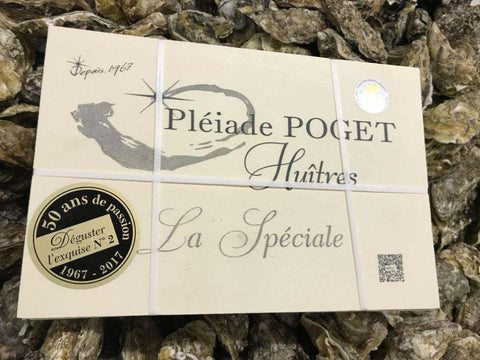 Boîte Pléiade Poget Huîtres La Spéciale sur un lit d’huîtres fraîches naturelles