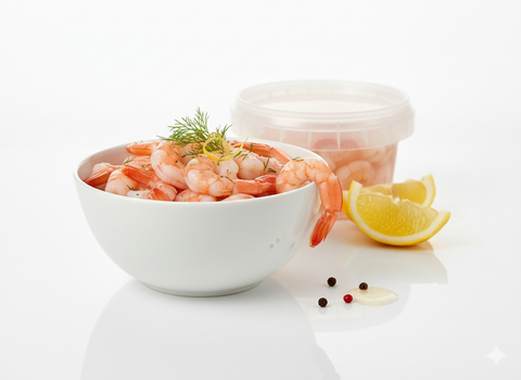 Bowl of MSC certified crevettes cocktails in brine with lemon wedges and dill garnish