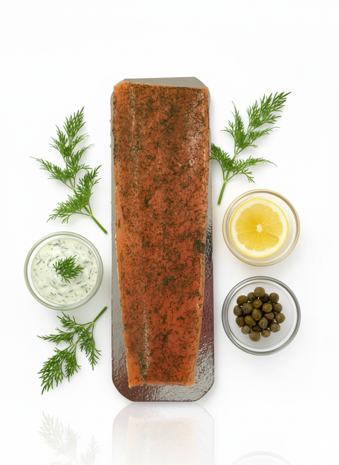 Saumon mariné à l'aneth norvégien avec sauce à l'aneth, citron et câpres, présentation artisanale premium fraîcheur optimale