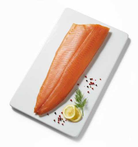 Filet d'omble fumé à chaud islandais sur assiette blanche avec citron, aneth et poivre rose