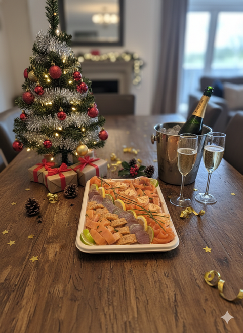 Plat découverte mélange fumé de poissons variés avec saumon, truite, omble et saucisson de thon, présenté avec champagne pour fête de Noël